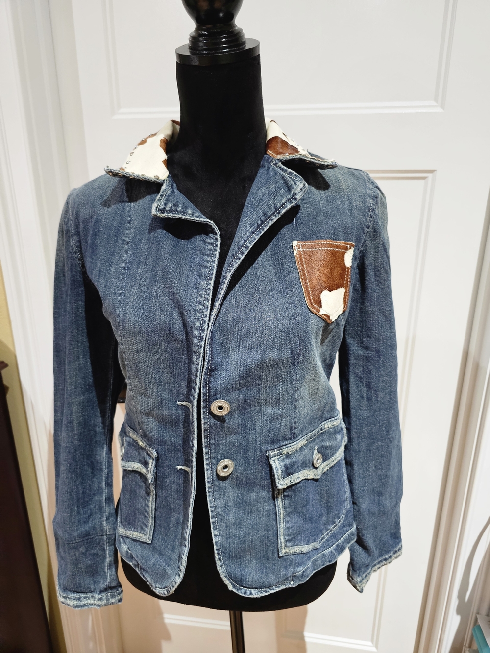 Denim Jacket with Hair-on Hide & Rhinestones Accents